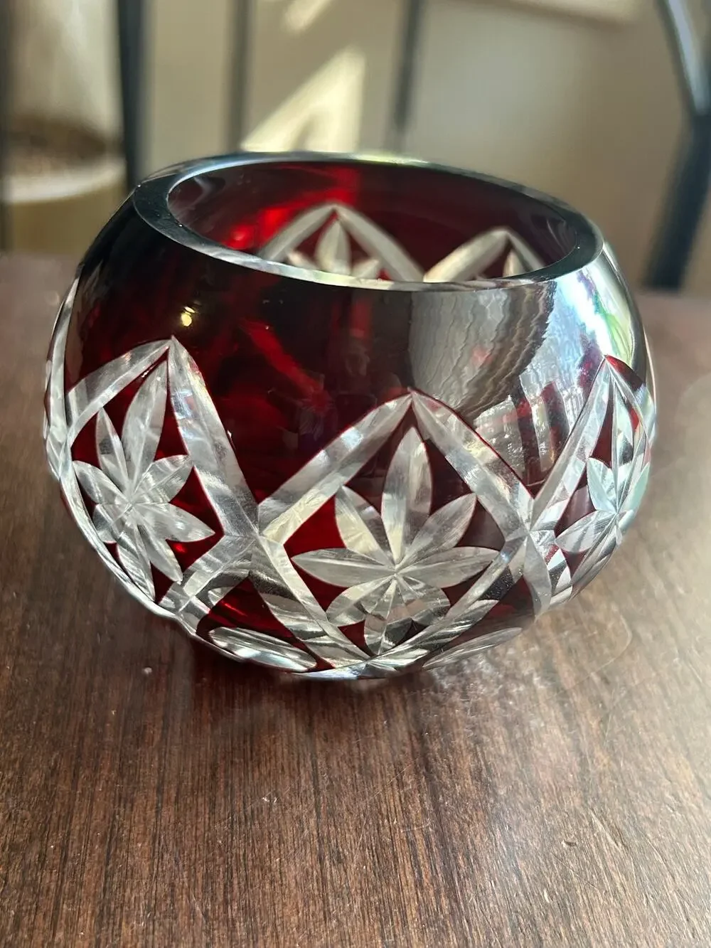 Vintage Crystal Ruby Red Cut To Clear Vase Bowl candle holder